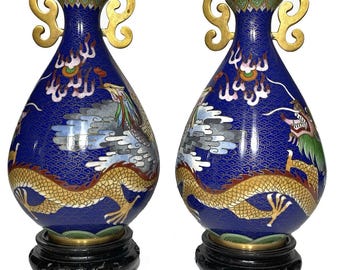 Pair of Chinese Cloisonne A pair of cloisonné vases with dragon and phoenix moti