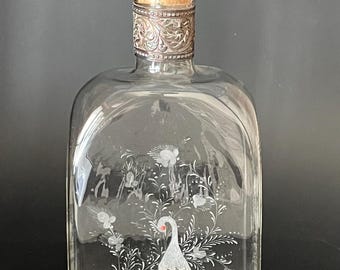 Blown Glass Bottle with Peacock and Silver Flowers