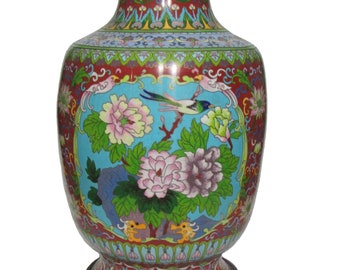 花と鳥が描かれた中国の七宝花瓶 // 20 世紀 - Etsy 日本