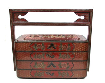 Antique Chinese Wood & Carved Cinnabar Lacquer Panel Wedding Box