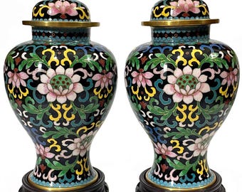 Pair Chinese Cloisonne Lidded Vases