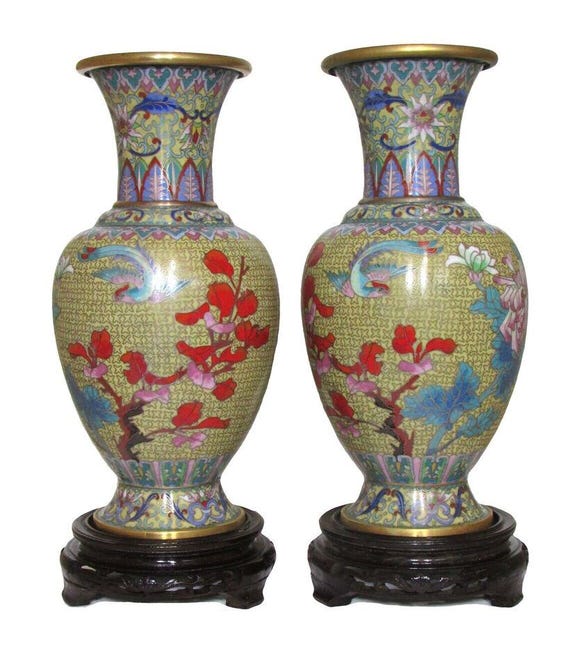 中国の七宝焼花瓶ペア 中国 ペア 中国美術 壺 花器 置物 台付き 箱入り