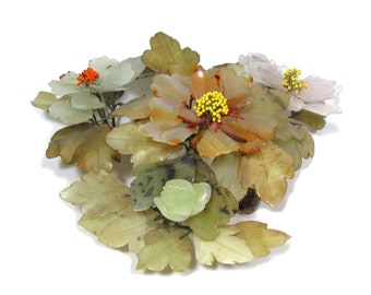 Semi Precious Stone Flower Centerpiece, Vintage Chinese Hardstone