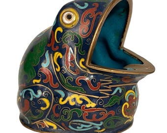 Vintage Enameled Cloisonné Brass Frog Ash Tray
