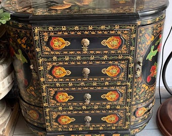 Rare Chinese Black Lacquer Hand Painted Chinoiserie Side Table Drawers Cupboard