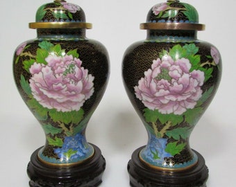 Pair Chinese Cloisonne Lidded Vases