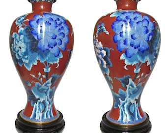 Pair of Large Chinese Cloisonne Enamel Vases on Stand
