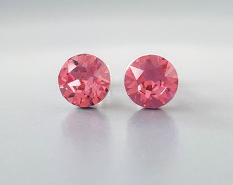 Pink Crystal Stud Earrings, Rose Earrings, Simple Circle Earrings, Sterling Silver Jewelry, Fuchsia Swarovski Wedding Bridesmaid Gift