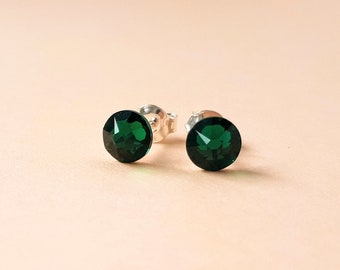 Emerald Stud Earrings, Dark Green Crystal Rhinestone Studs, Simple Sterling Silver Studs, May Birthstone Earrings, Swarovski Jewelry Gift