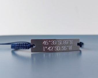 Pulsera de coordenadas de pareja, joyería de ubicación, coordenadas GPS, pulsera de latitud de longitud, pulsera de cordón, regalo de aniversario para él, ella