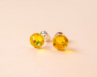 Citrine Stud Earrings, Small Sterling Silver Studs, Yellow Swarovski Crystal Rhinestone Earrings, November Birthstone Earrings, Gift