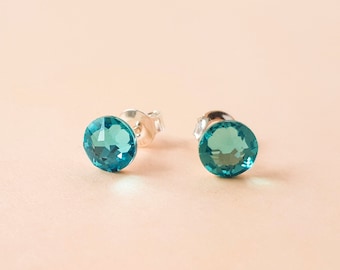 Turquoise Blue Swarovski Crystal Earrings, Dainty December Birthstone Studs, Small Sterling Silver Studs, Custom Colour Everyday Studs