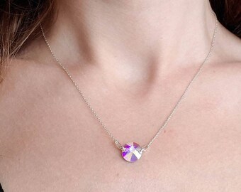 Sterling Silver Round Crystal Necklace, Dainty Swarovski Birthstone Necklace, Delicate Minimalist Everyday Jewelry, Gift Idea for Women