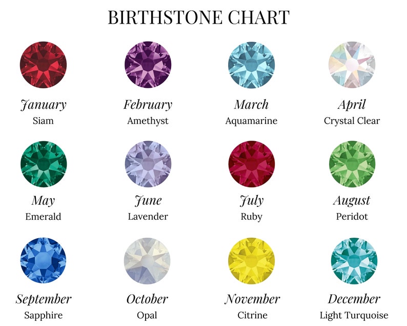 May include: A chart displaying the birthstones for each month of the year. The chart features a circle with a gemstone for each month, with the month and gemstone name listed below each circle. The gemstones are: Siam, Amethyst, Aquamarine, Crystal Clear, Emerald, Lavender, Ruby, Peridot, Sapphire, Opal, Citrine, and Light Turquoise.