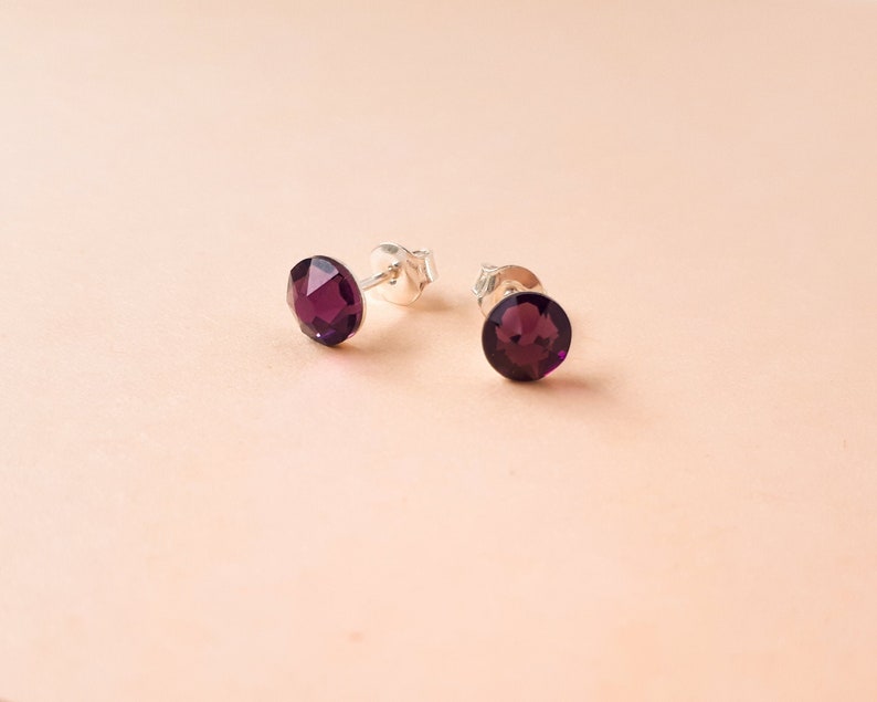 February Birthstone Earrings, Purple Swarovski Crystal Studs, Small Sterling Silver Earrings, Custom Colour Studs, Dainty Everyday Earrings image 1