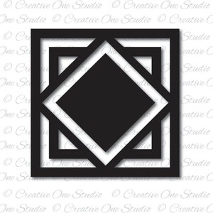 May include: A black and white geometric design with a square shape and a diamond shape inside. The design has a modern and minimalist style.