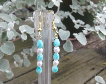Dangle Earrings with Teardrop Teal Beads and Genuine Pearls
