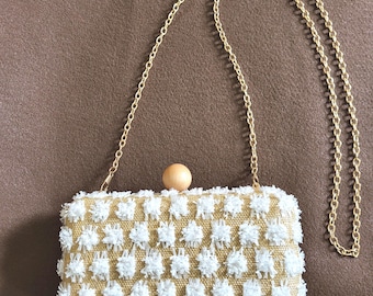 Tan and White ShiraLeah Purse with Shoulder Length Chain