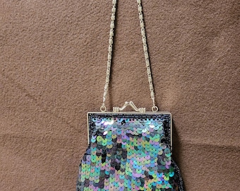 Navy Sequined Evening Bag with Silver Clasp