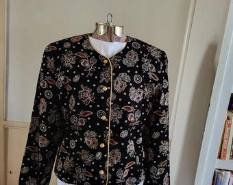 Women's Black Dress Jacket with Gold Printed Design, Size 8