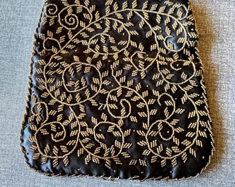 Women's Black Satin Clutch with Gold Beadwork