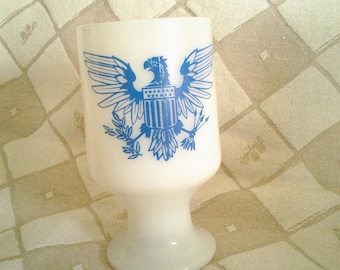 Vintage Milk Glass Mug with Blue Military Eagle Image