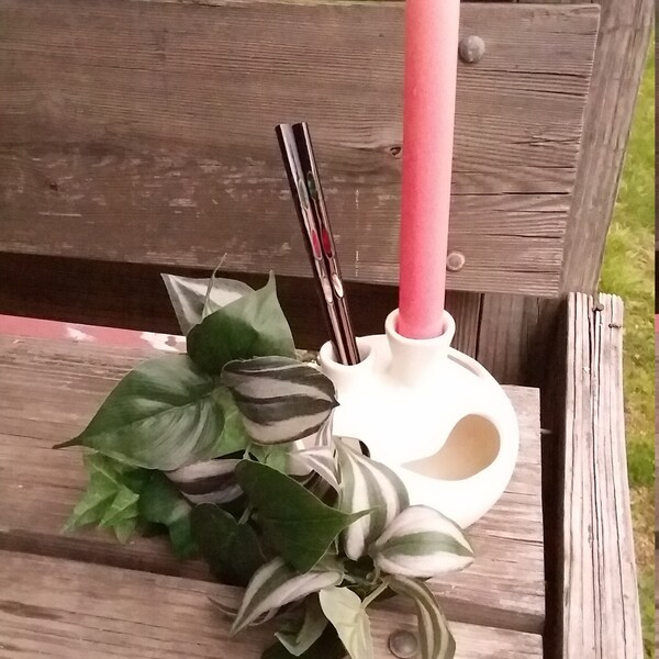 Unusual White Pottery Vase or Planter with 2 Spouts and Cut Outs