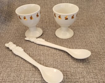 White Porcelain Egg Cups with Gold Bunnies and Matching Spoons by Lindt