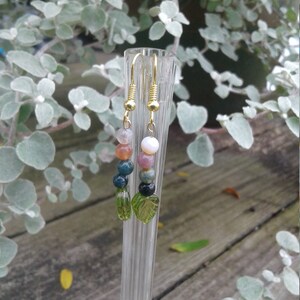 Multi-Color Jasper Bead Earrings with Dangly Leaf Beads