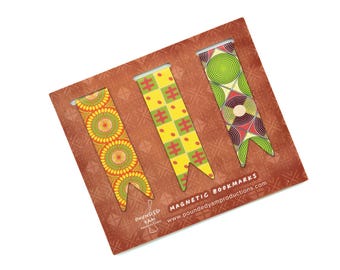 Ankara Print Magnetisches Lesezeichen Set: Afrikanisches Design, Kaurimuscheln, Scheiben, Blüte