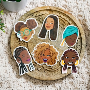 Adesivi per ragazze nere, foglio di adesivi illustrati, adesivi in vinile, adesivi colorati per capelli afro, adesivo per capelli neri fustellato, adesivi africani