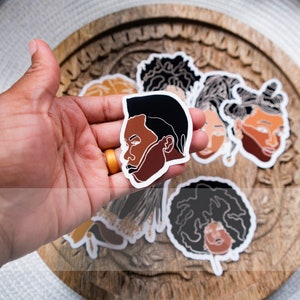 Pegatinas de cara de niña negra, pegatinas troqueladas, pegatinas afroamericanas, pegatinas de cabeza flotante, pegatinas impermeables, pegatinas de mujer afro