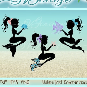 May include: Three black silhouette mermaids with long flowing hair and tails holding seashells and starfish. The mermaids are on a beach background with the text "SVG DXF EPS PNG Unlimited Commercial Use" and "Perfect for Reverse Canvas". The bottom of the image shows a variety of products with the mermaids on them, including a tote bag, a tumbler, a pillow, and a t-shirt. The text "Your creation options are endless!!" is at the bottom of the image.