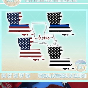Może przedstawiać: Projekt cyfrowy przedstawiający zarys stanu Luizjana z napisem "home" w środku. Zarys stanu jest wypełniony wzorem amerykańskiej flagi. Projekt jest dostępny w formatach SVG, DXF, EPS, PDF i PNG.