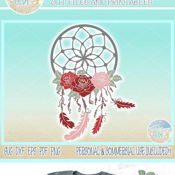 Dreamcatcher with Roses Feathers Beads SVG Files for Cricut Silhouette - Dxf Eps Pdf Png Included
