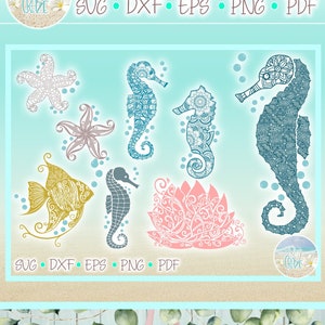 May include: A set of digital cut files featuring a pink lotus flower, a blue starfish, and three blue and teal seahorses with intricate mandala designs. The files are available in SVG, DXF, EPS, PNG, and PDF formats. The image also shows a project idea of a pink tote bag with the lotus flower design.