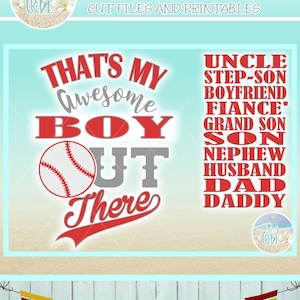 May include: A white t-shirt with the text "That's My Awesome Nephew Out There" in red and gray lettering. A baseball graphic is next to the text. A baseball bat, a pair of white sneakers, blue jeans, and a water bottle are also in the image.