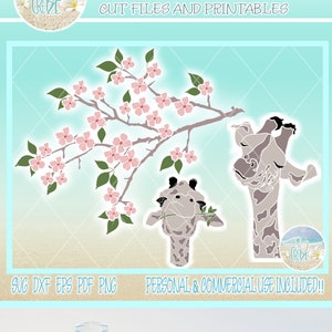 かわいいキリンの顔と花の咲いた木の枝、Cricut シルエットの SVG ファイル - Dxf Eps Pdf PNG を含む