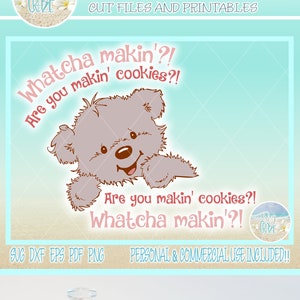 May include: A clear glass cookie jar with a cute cartoon bear design and the text "Whatcha makin'?! Are you makin' cookies?!" printed on the front.