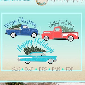 以下が含まれることがあります： クリスマスツリーを積んだビンテージトラックが描かれたデジタルカットファイル3つ。トラックは青、赤、ターコイズ。テキストは「メリークリスマス」、「クリスマスツリーデリバリー」、「ハッピーホリデー」です。