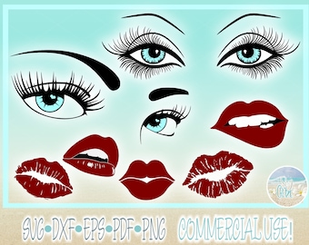 Eyelashes Lashes Eyes Eyebrow Lips Bundle SVG Dxf Eps Png PDF for Cricut Silhouette Makeup Woman Face Eyes Lady Glamour Beautiful Pretty