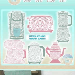 May include: A set of kitchen appliance SVG cut files featuring a blender, toaster, kettle, stand mixer, and coffee mug. Each appliance is decorated with a detailed mandala design in pink and green colors. The text "BUT FIRST... COFFEE" is on the coffee mug.