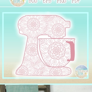 May include: A pink stand mixer with a white mandala design. The mixer is on a light blue background with a white sand texture. The image also includes a white stand mixer with a white mandala design on a teal towel.