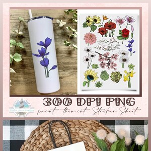 Folha de adesivos florais - adesivos para impressão de flores de verão - 300 dpi PNG - imprima e corte adesivos para Cricut e Silhueta - 21 flores