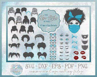 The Hair Styles and Face Bundle - Messy Bun - Afro - Hair Bun - High Bun - Messy Hair - Curly Hair - SVG files for Cricut Silhouette