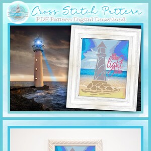 May include: A cross stitch pattern featuring a lighthouse on a beach with the text "Let your light shine". The pattern is framed in a white frame and is displayed on a white surface with a small lighthouse figurine in the foreground.