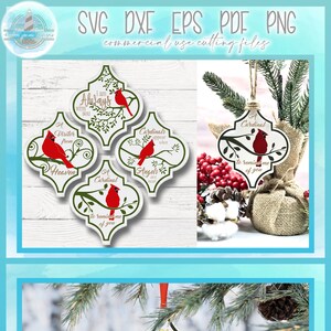 May include: A set of five white, intricately designed, ornament-shaped SVG files featuring a red cardinal bird on a branch. The ornaments have text that reads "A Visitor from Heaven", "A Cardinal to remind me of you", "Cardinals appear when Angels are near", and "I am Always with you".