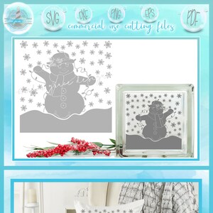 May include: A digital design featuring a snowman with a hat, scarf, and string lights, surrounded by snowflakes. The design is shown on a pillow, a glass block, and as a digital cutting file. Text includes "commercial use cutting files" and "project idea."