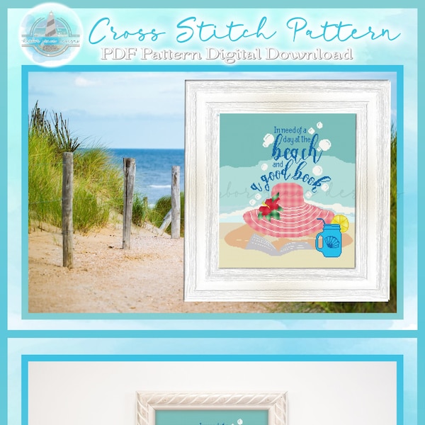 Counted Cross Stitch PDF Pattern In Need Of A Day At The Beach And A Good Book Quote Great For Beginners Beach Sand Water Drink Summer