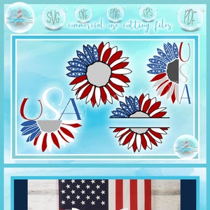 Bandera estadounidense de EE. UU. Monograma de girasol Marco dividido Medio paquete de flores de sol SVG Dxf Eps Pdf PNG Archivos para Cricut, Silueta - Uso comercial